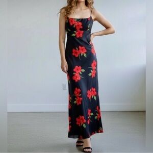 Vtg.Betsy & Adam  Black slip dress with red floral print and red glass beads.10